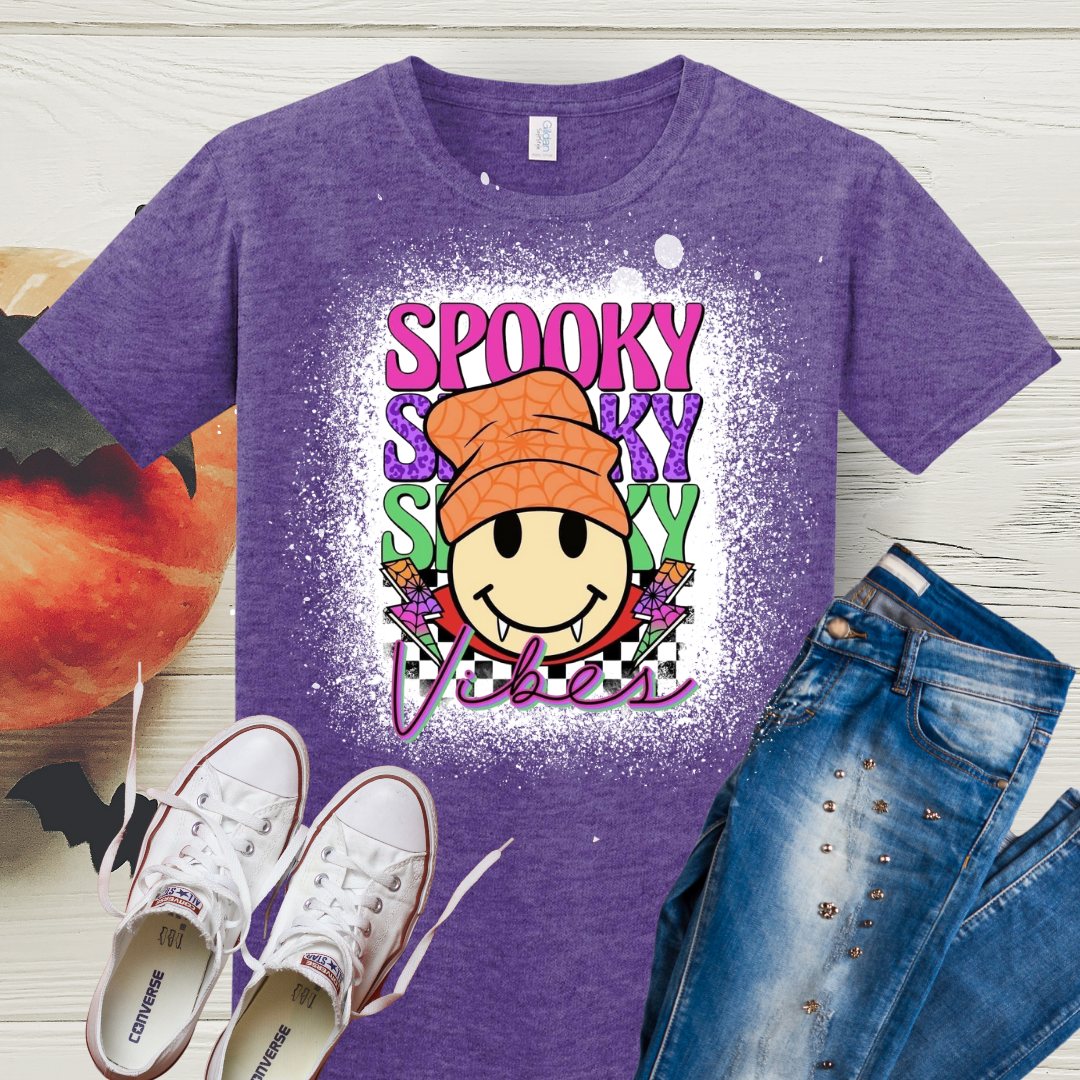 Spooky Smiley Vampire Vibes Halloween Bleached Tee