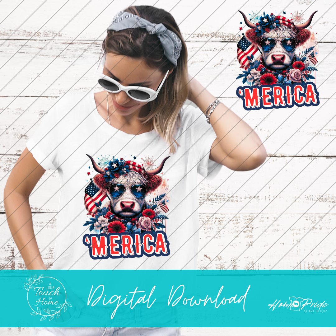 "'MERICA" Highland Cow Digital Download PNG