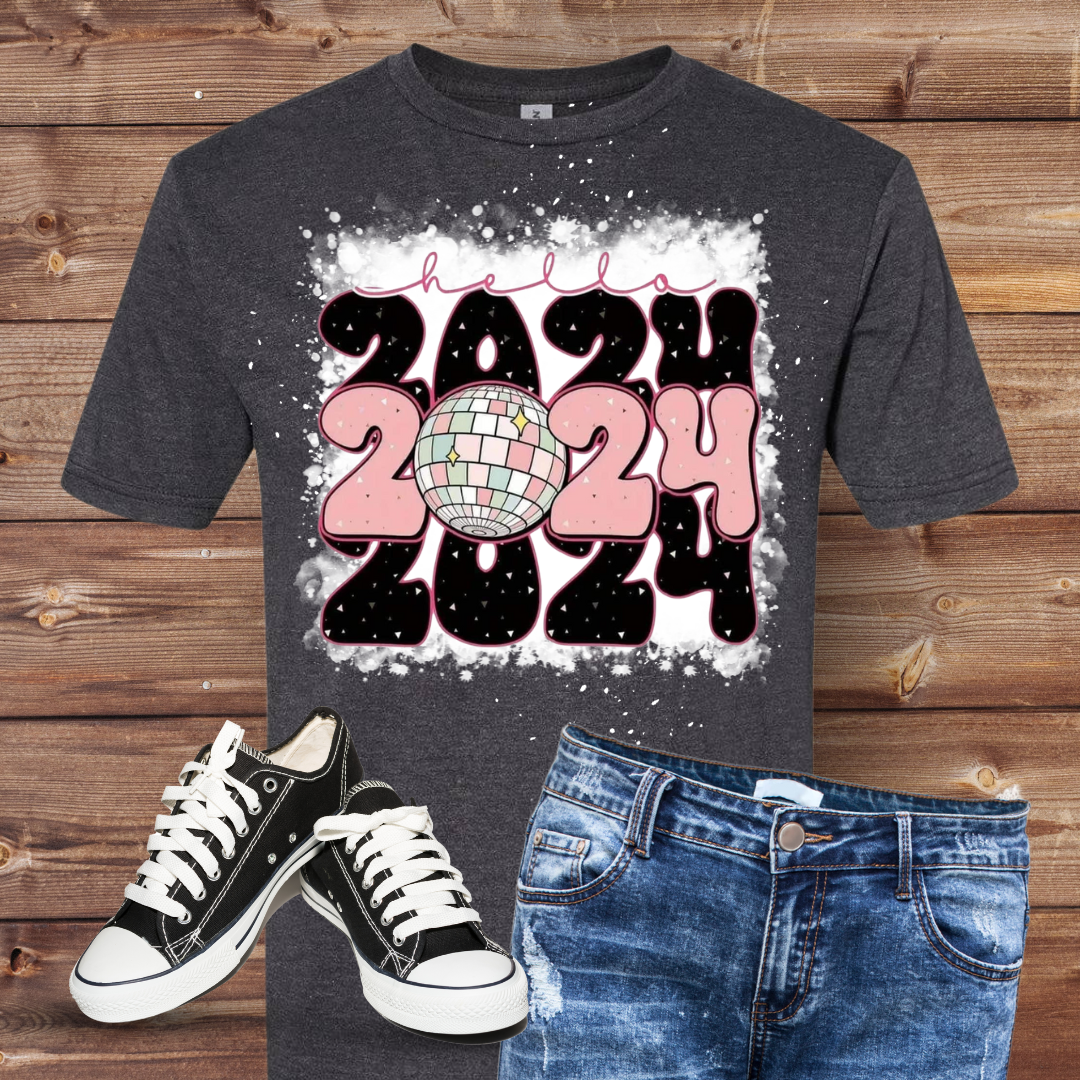 New Years Hello 2024 Bleached T-Shirt