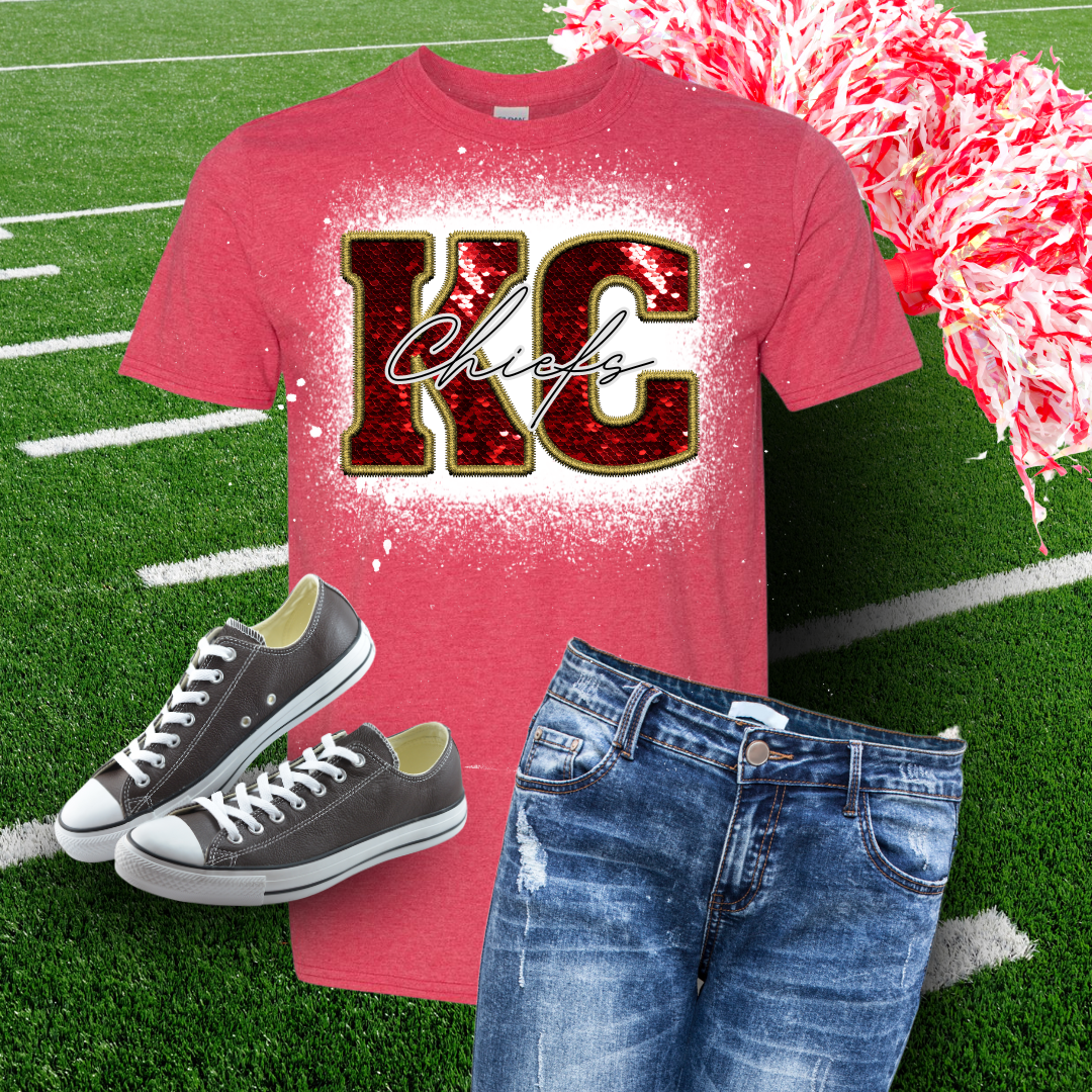 KC Red Faux Embroidery Bleached TShirt