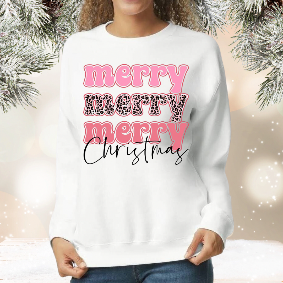 Merry Christmas Pink Leopard Crew Neck Sweatshirt