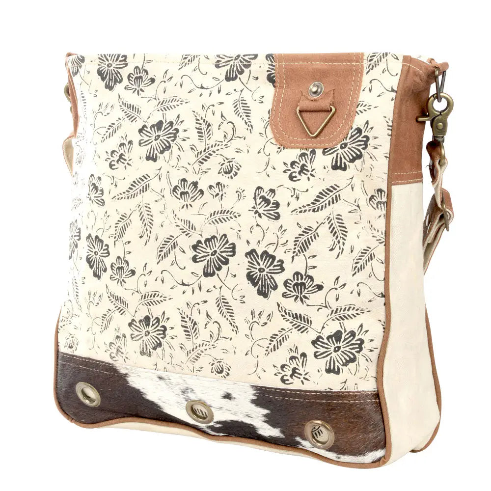 Cream Shoulder Bag with Cowhide Trim and Flowers