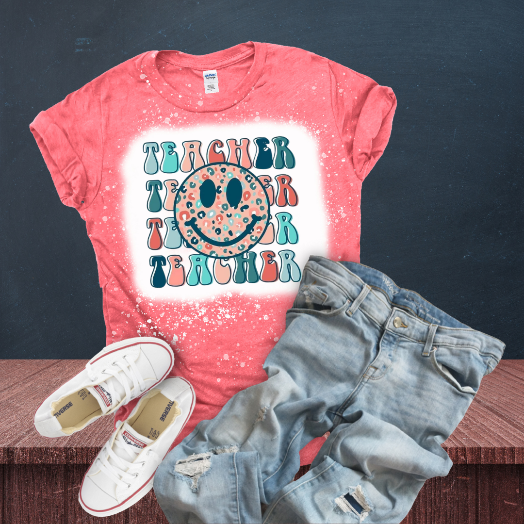 Retro Teacher Smiley Face Bleached T-Shirt