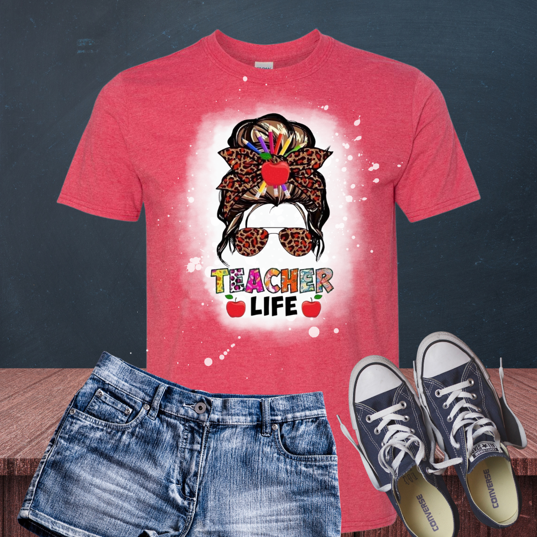 Messy Bun Teacher Life Bleached T-Shirt