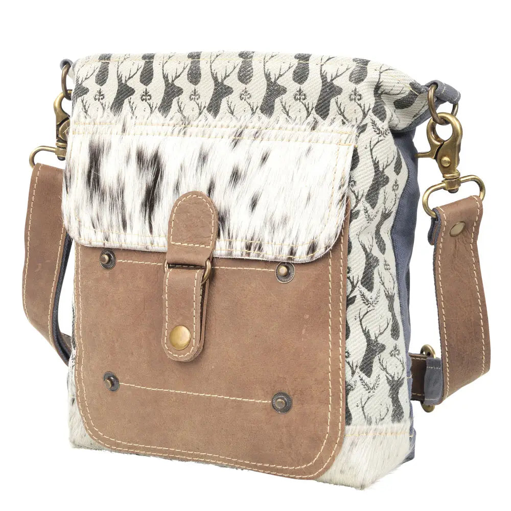 Deer Print Canvas Shoulder Bag with Cowhide Pocket