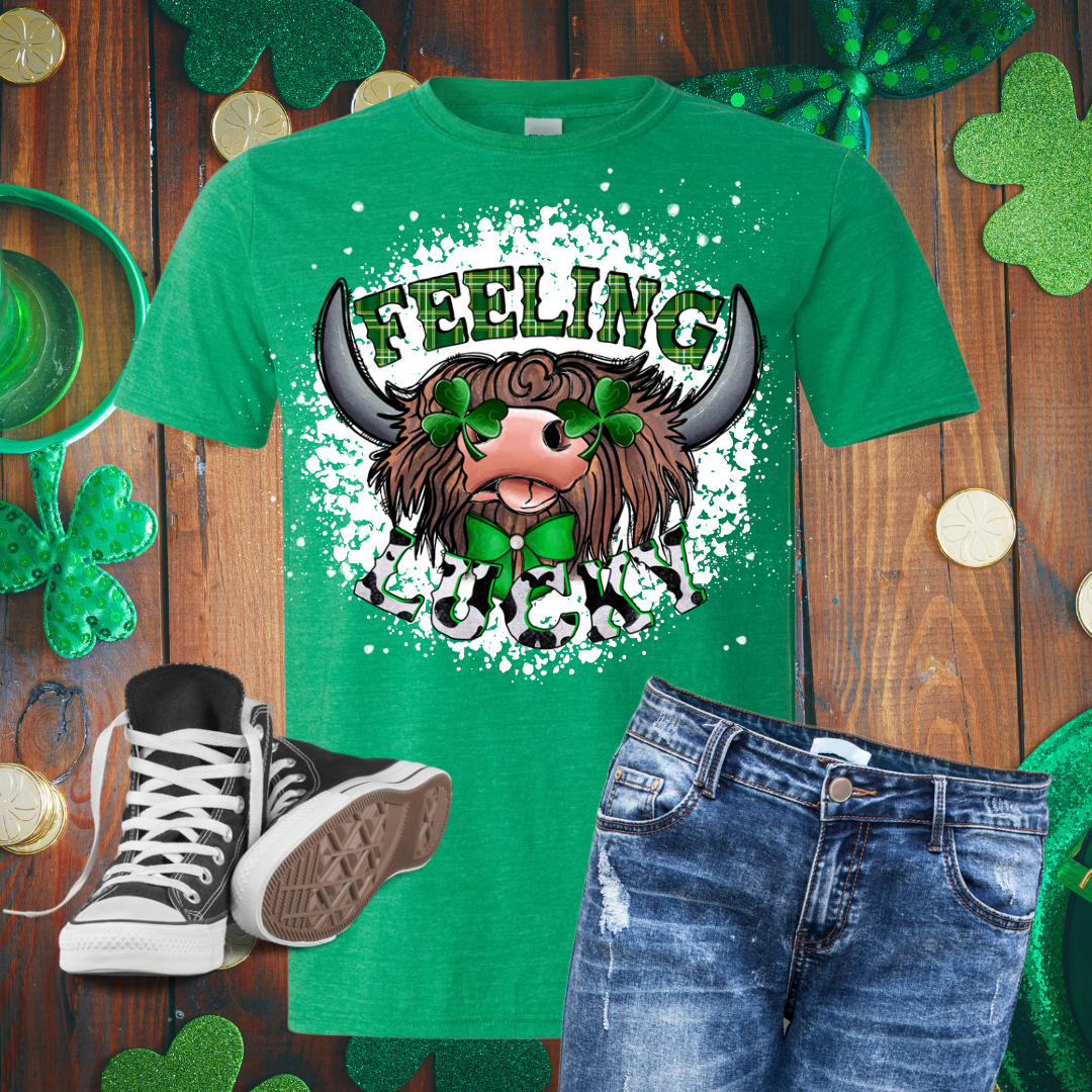 Feeling Lucky Highland Cow Bleached T-Shirt