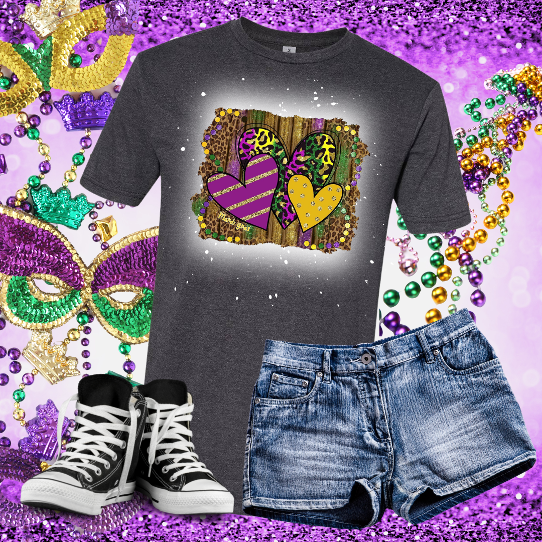 Mardis Gras Hearts Bleached T-Shirt