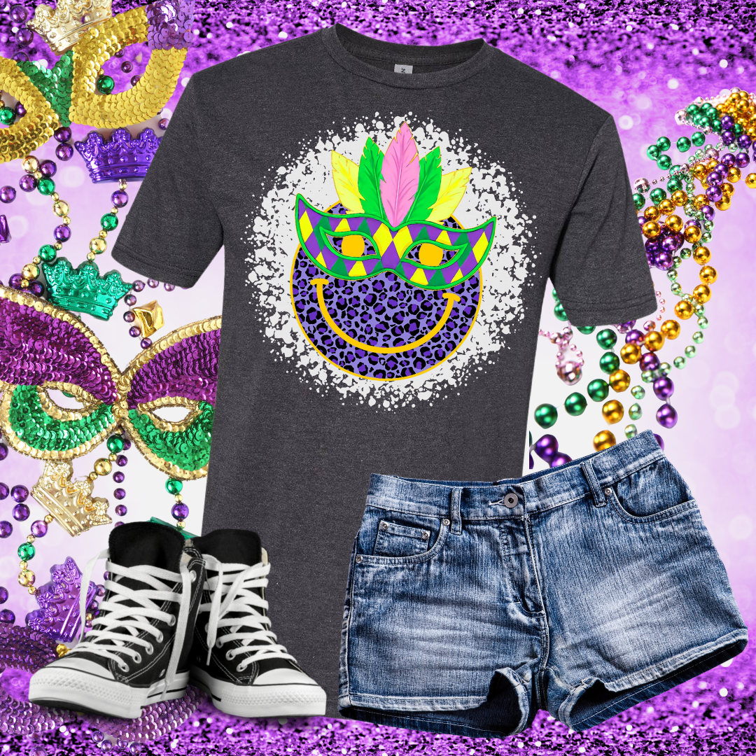 Mardis Gras Smiley Bleached T-Shirt