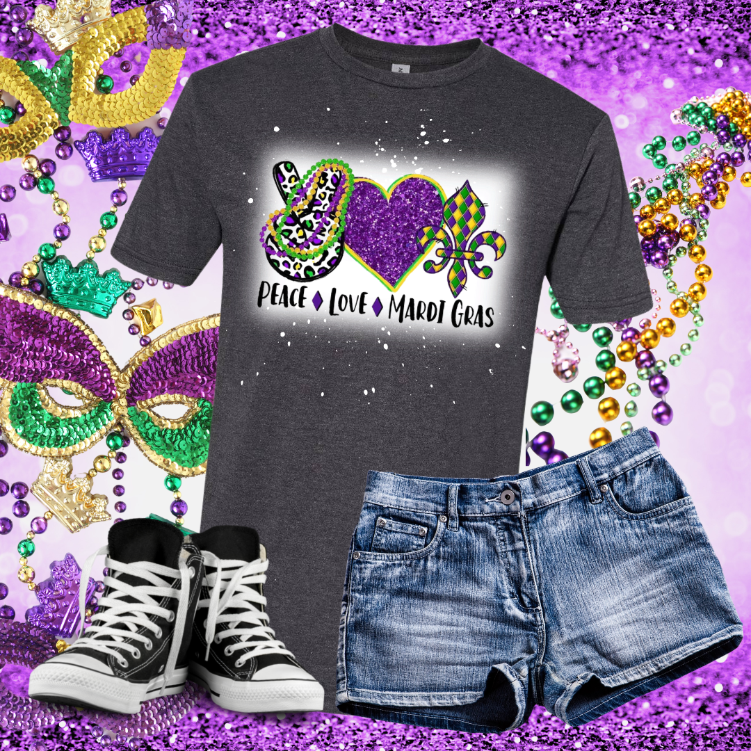 Peace Sign, Love, Mardis Gras Bleached T-Shirt