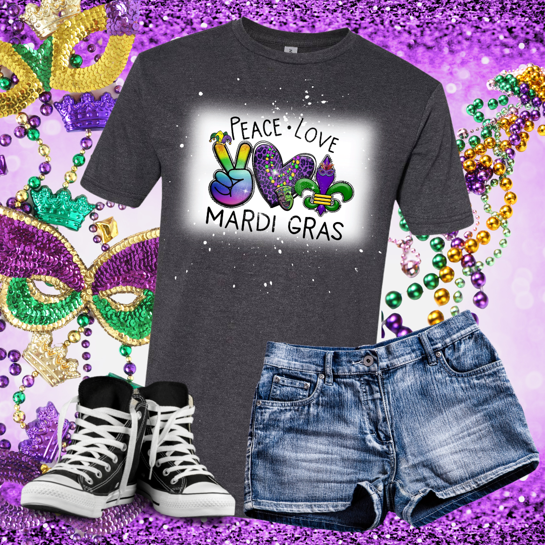 Peace, Love, Mardis Gras Bleached T-Shirt