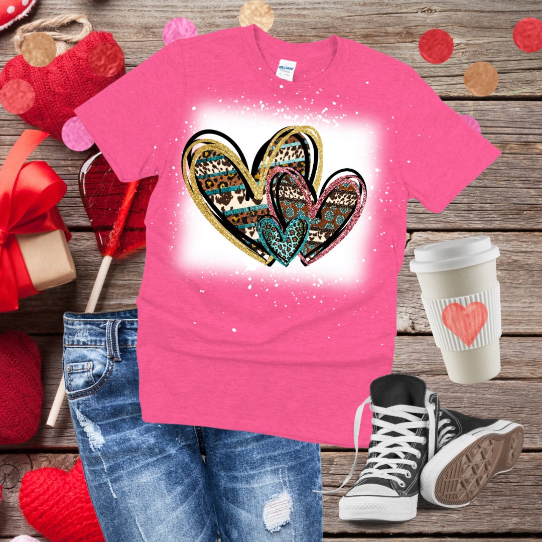 3 Leopard Heart Doodles Bleached T-Shirt