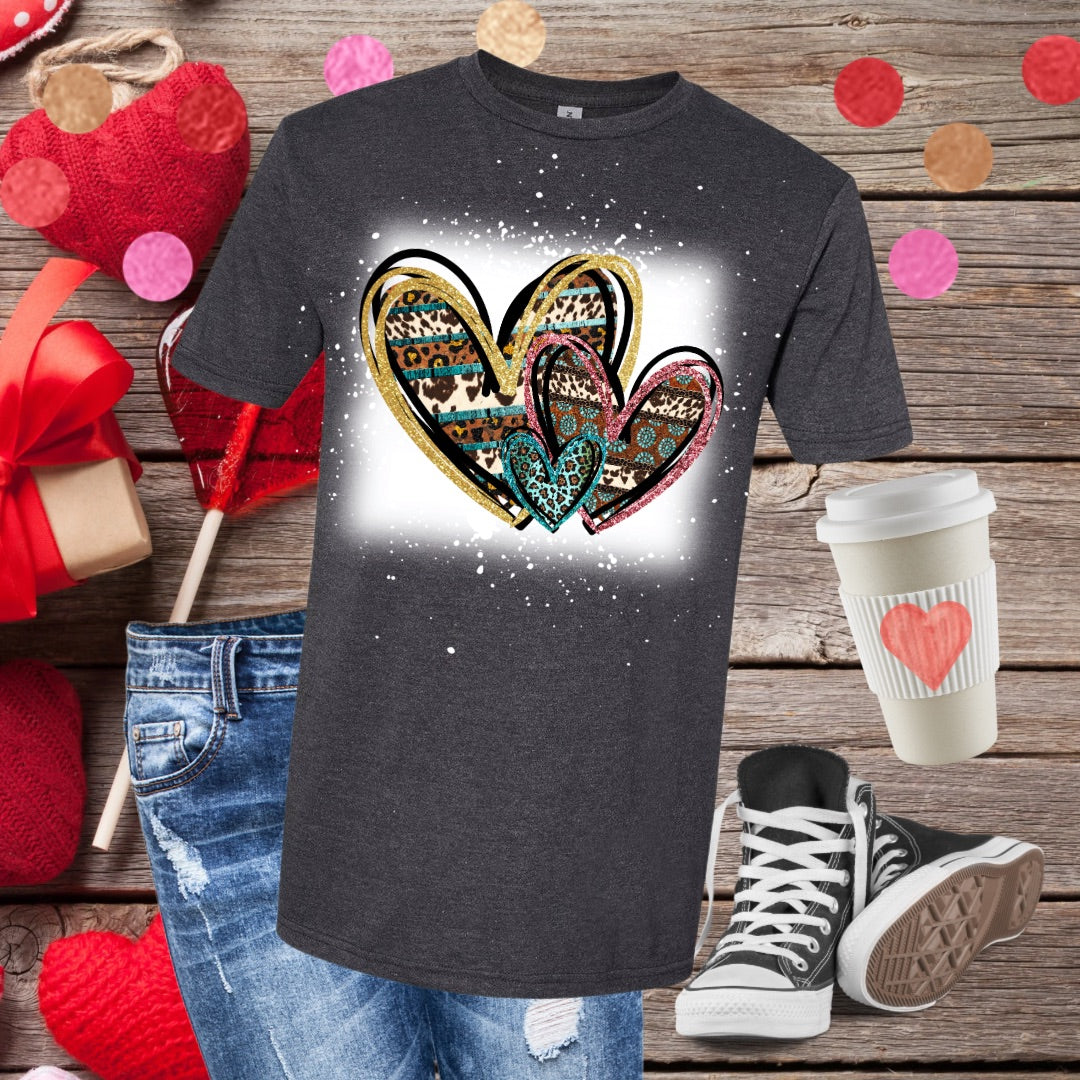 3 Leopard Heart Doodles Bleached T-Shirt