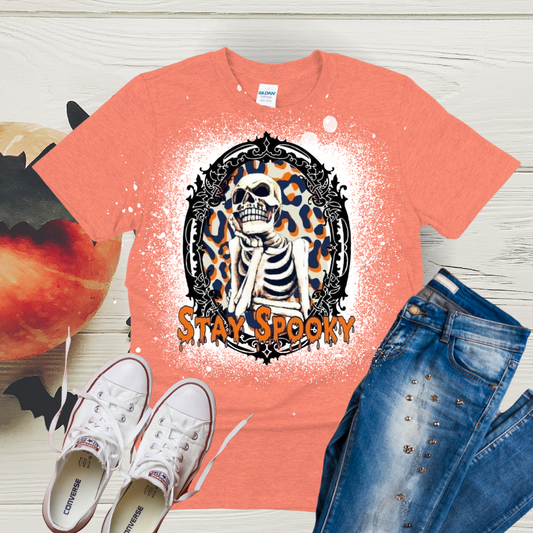 Stay Spooky Skeleton Halloween Bleached Tee
