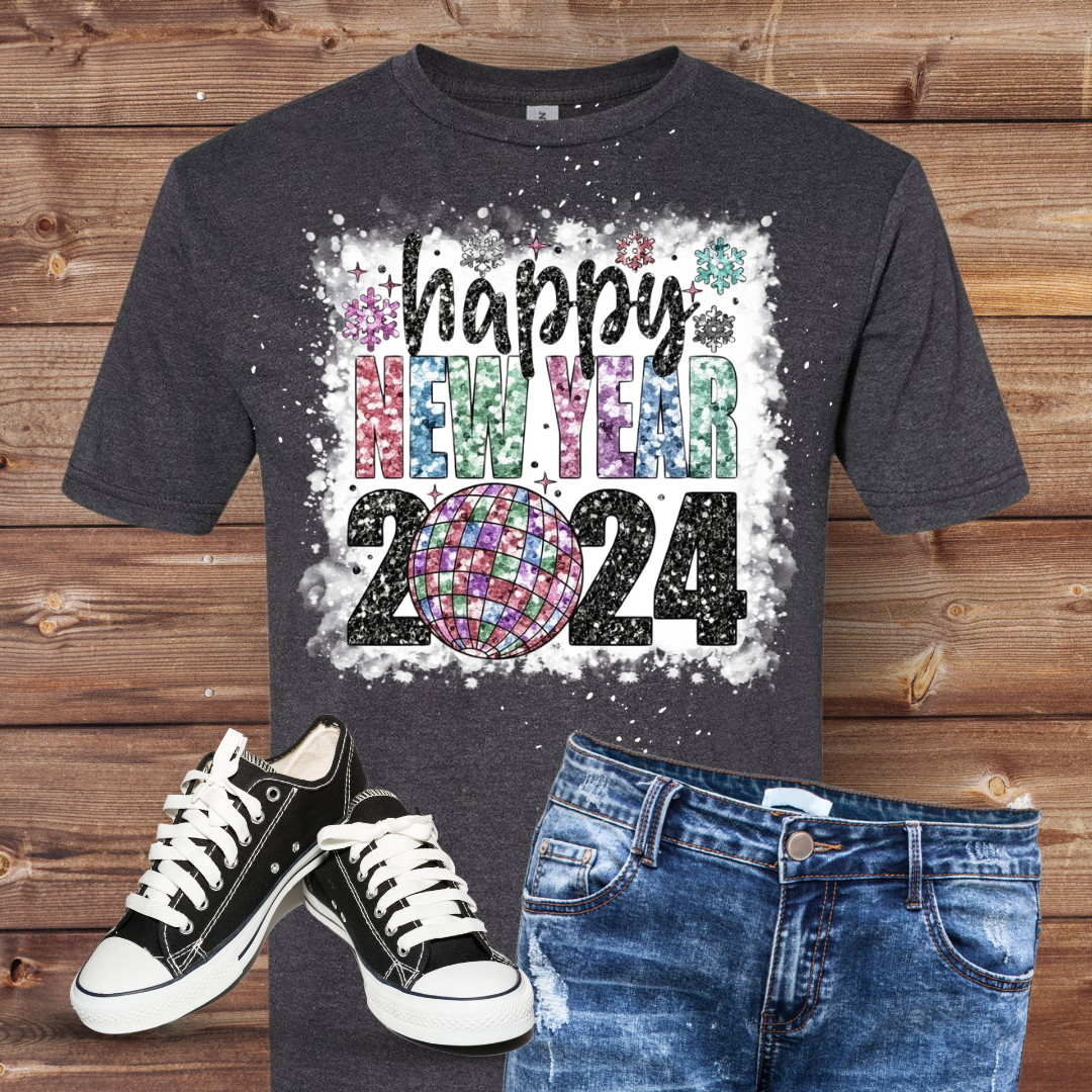 New Years Faux Glitter Bleached T-Shirt