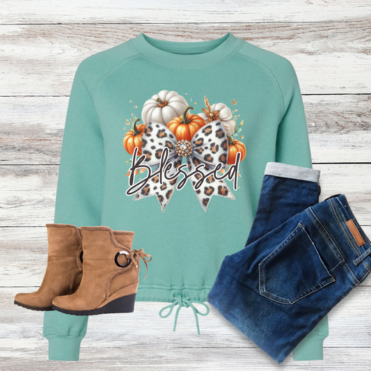 Fall "Blessed" Faux Glitter Bow Women's Tie Crew Neck Sweatshirt