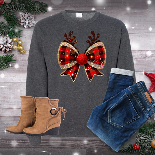 Reindeer Glitter Bow Crew Neck Sweatshirt