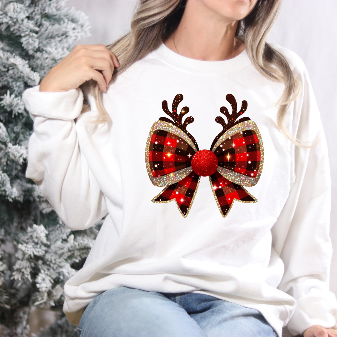 Reindeer Glitter Bow Crew Neck Sweatshirt