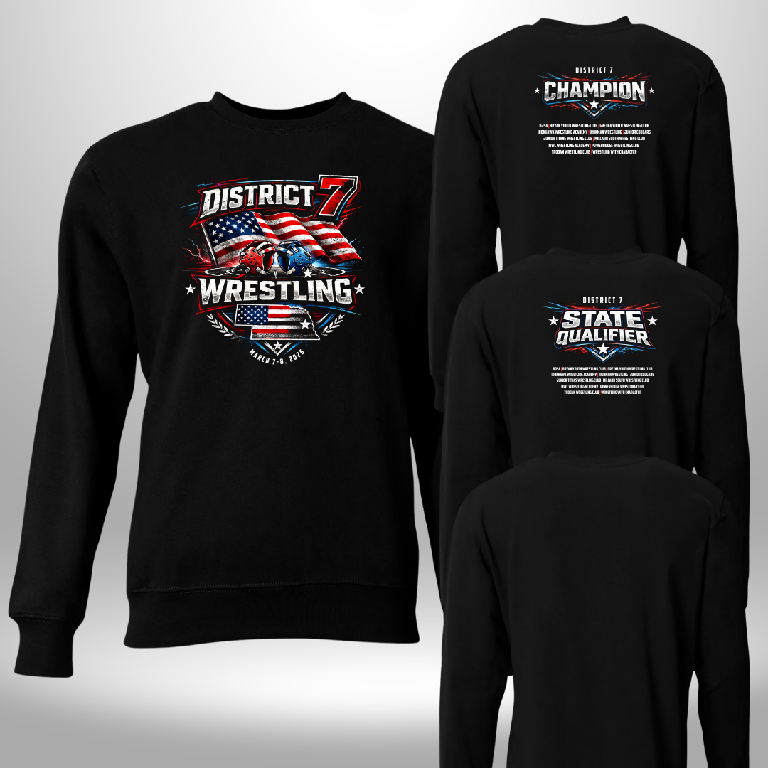 2026 District 7 Wrestling Champ & Qualifier T-Shirt, Crewneck, or Hoodie