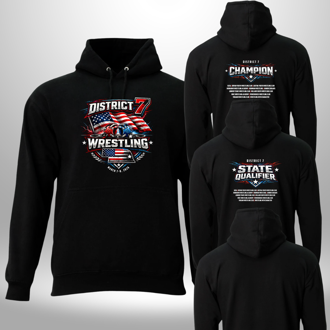 2026 District 7 Wrestling Champ & Qualifier T-Shirt, Crewneck, or Hoodie