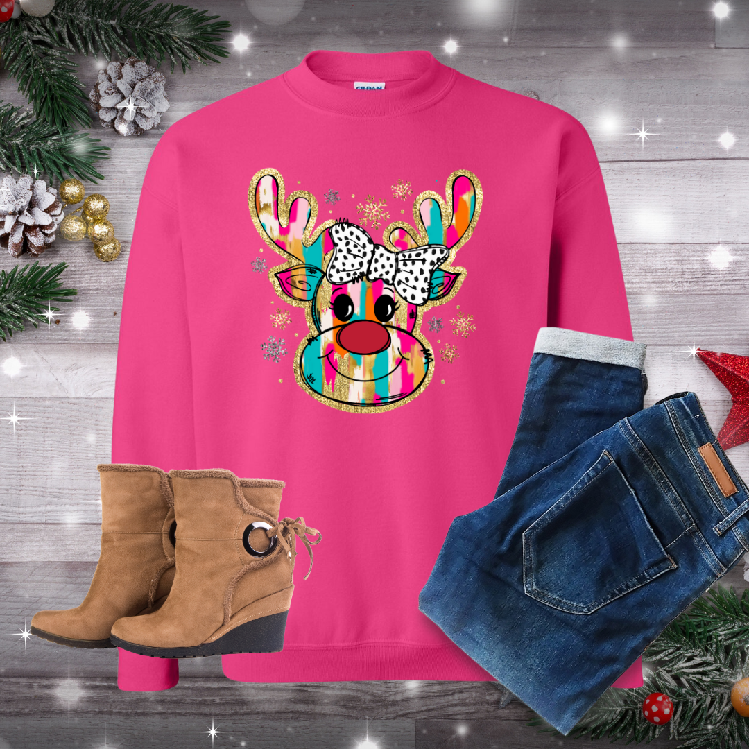 Cute Glitter Reindeer Christmas Crew Neck Sweatshirt