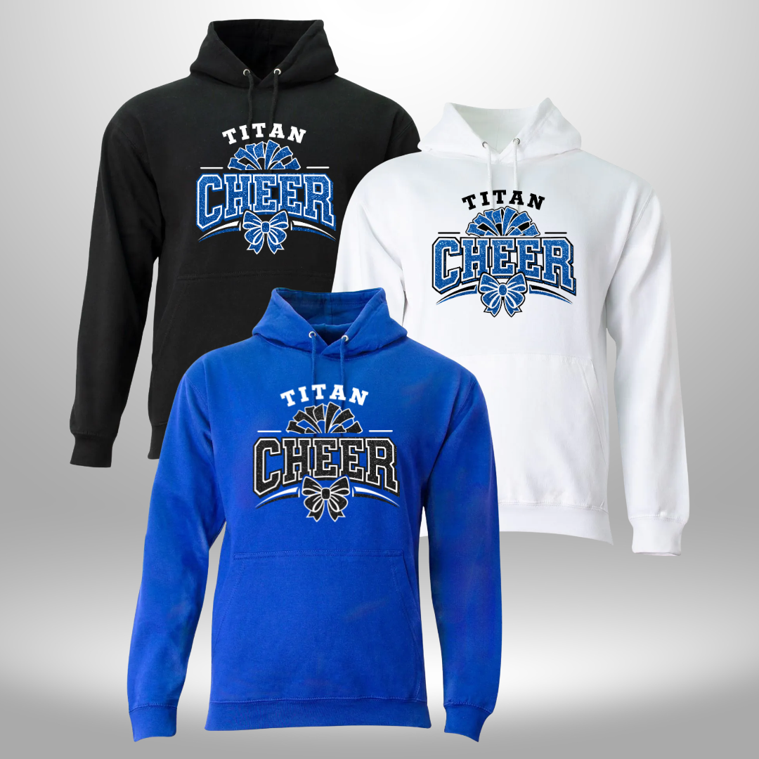 PAPILLION TITANS CHEER FAUX GLITTER T-SHIRT, LONG SLEEVE T-SHIRT, SWEATSHIRT, OR HOODIE