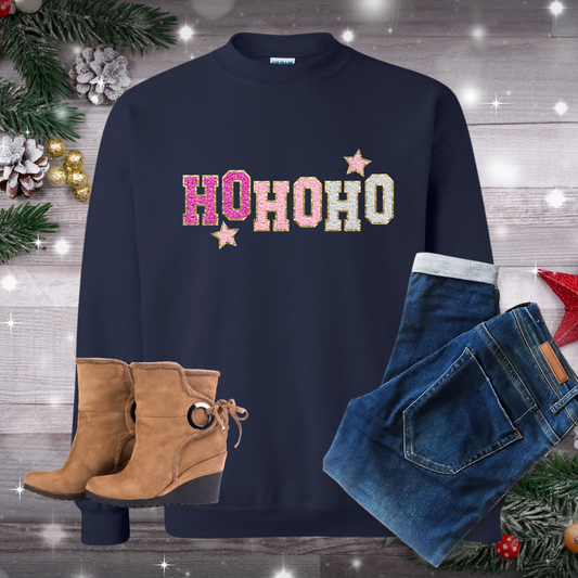 Ho Ho Ho Glitter Faux Chenile Patch Crew Neck Sweatshirt