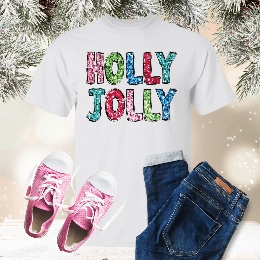 Faux Glitter Holly Jolly Toddler and Youth TShirt