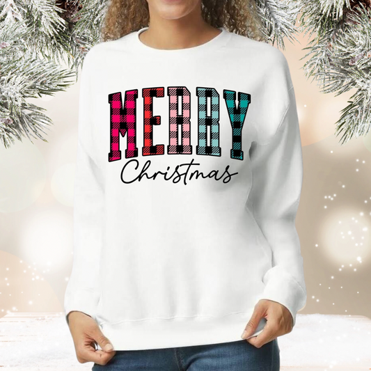 Merry Christmas Plaid Crew Neck Sweatshirt