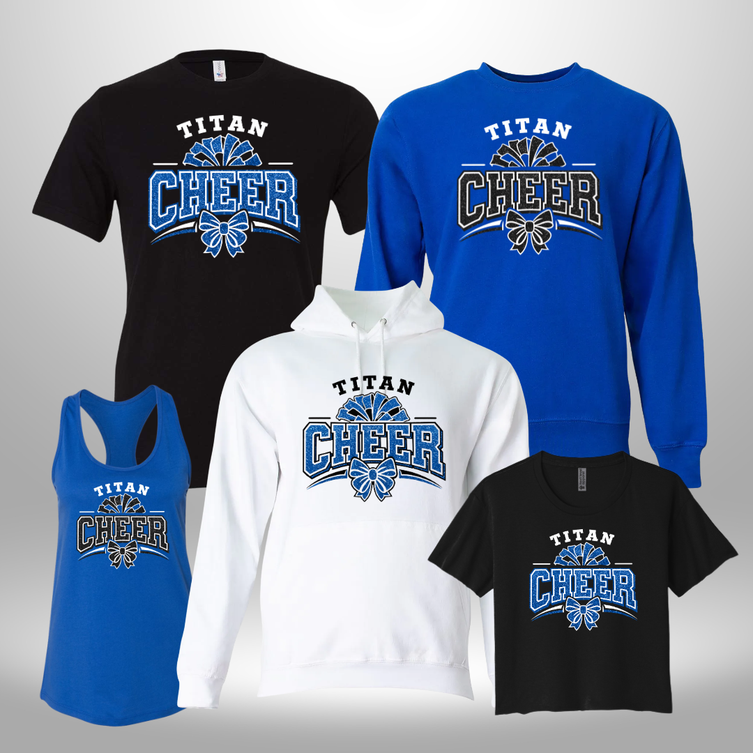 PAPILLION TITANS CHEER FAUX GLITTER T-SHIRT, LONG SLEEVE T-SHIRT, SWEATSHIRT, OR HOODIE