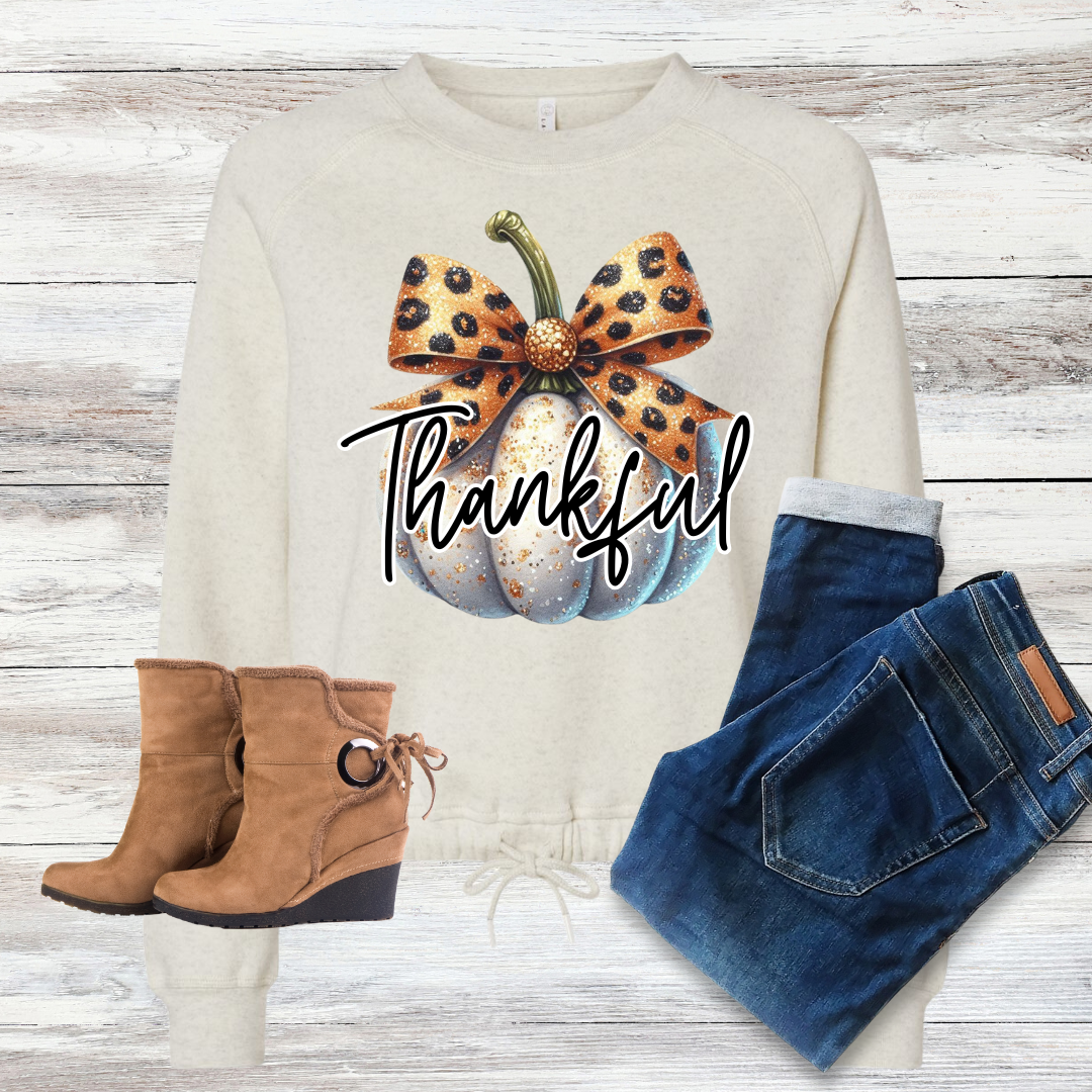 Fall "Thankful" Faux Glitter Pumpkin Women's Tie Crew Neck Sweatshirt