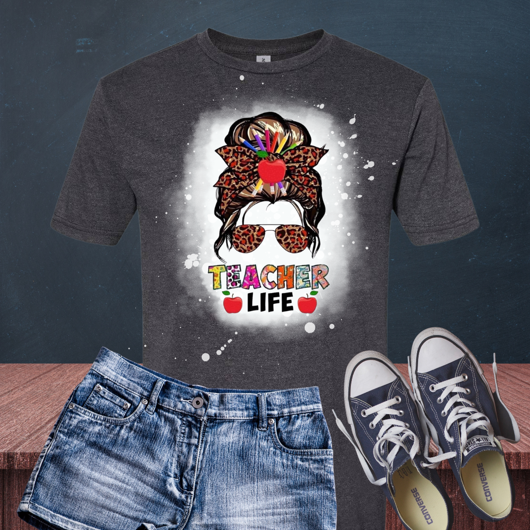 Messy Bun Teacher Life Bleached T-Shirt