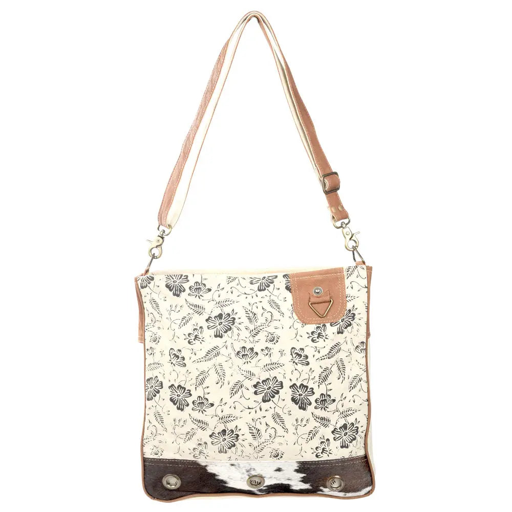 Cream Shoulder Bag with Cowhide Trim and Flowers