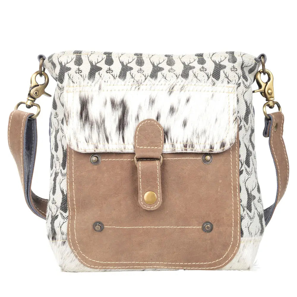 Deer Print Canvas Shoulder Bag with Cowhide Pocket