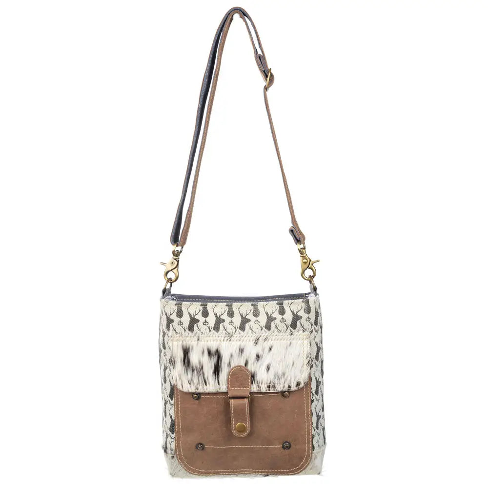 Deer Print Canvas Shoulder Bag with Cowhide Pocket