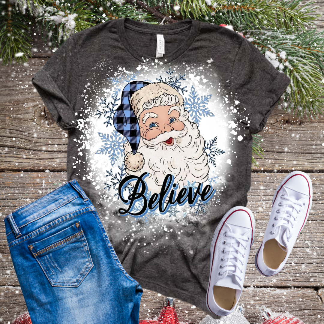 Santa Believe Blue Bleached T-Shirt
