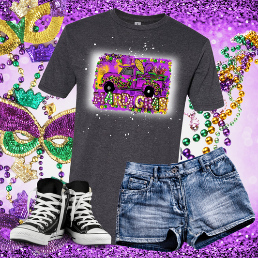 Mardis Gras Purple Top Hat Truck Bleached T-Shirt