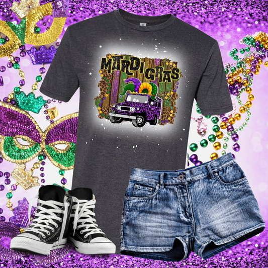 Mardis Gras Purple Leopard Truck Bleached T-Shirt