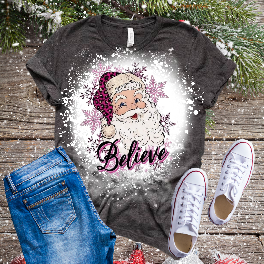 Santa Believe Pink Bleached T-Shirt