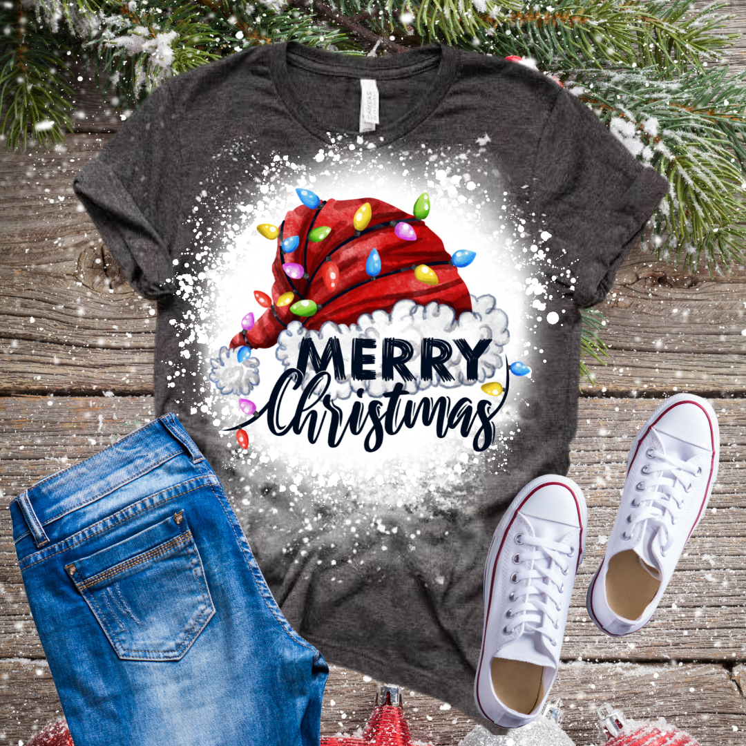 Santa Hat With Lights Merry Christmas Bleached T-Shirt
