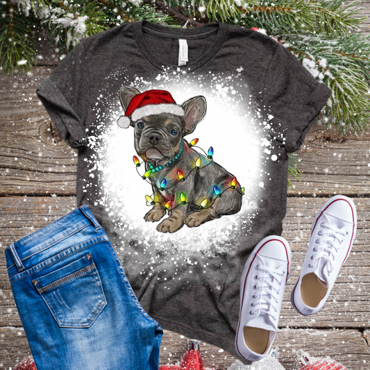 Christmas Frenchie Puppy Bleached T-Shirt